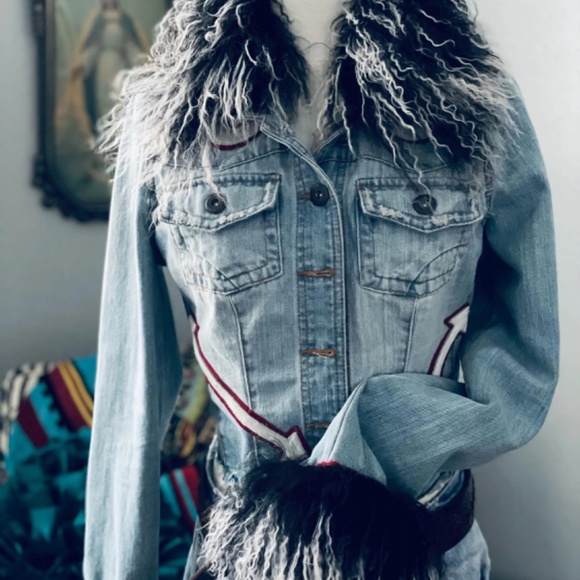 Chic Upcycled Denim Jacket with Mongolian Lamb Fur Collar and Cuffs with Cowhide - Picture 13 of 14